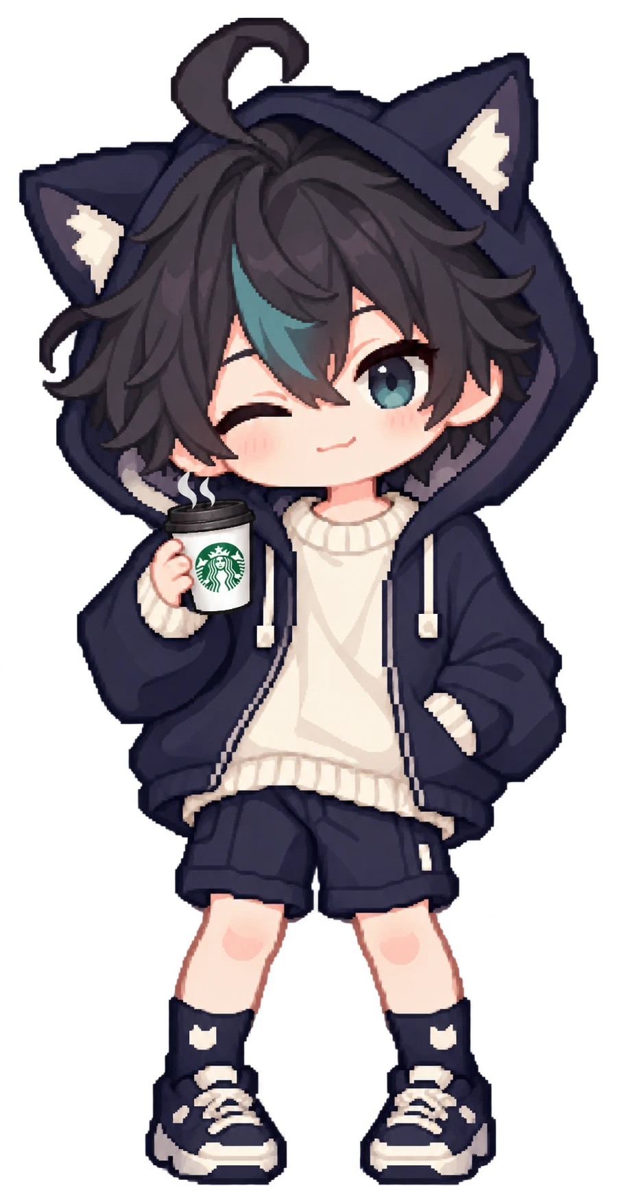 Jun’s chibi character in a cat-ear hoodie, holding a steaming Starbucks coffee.